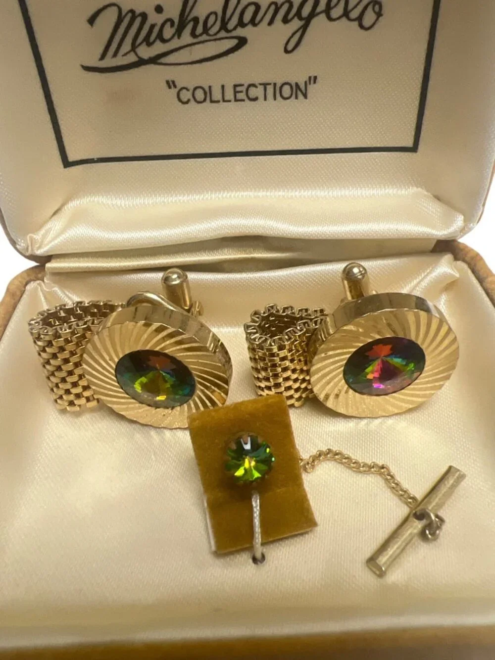 Michaelangelo Vintage 60's Aurora Borealis & Gold Tone Mesh Chain Cufflinks and